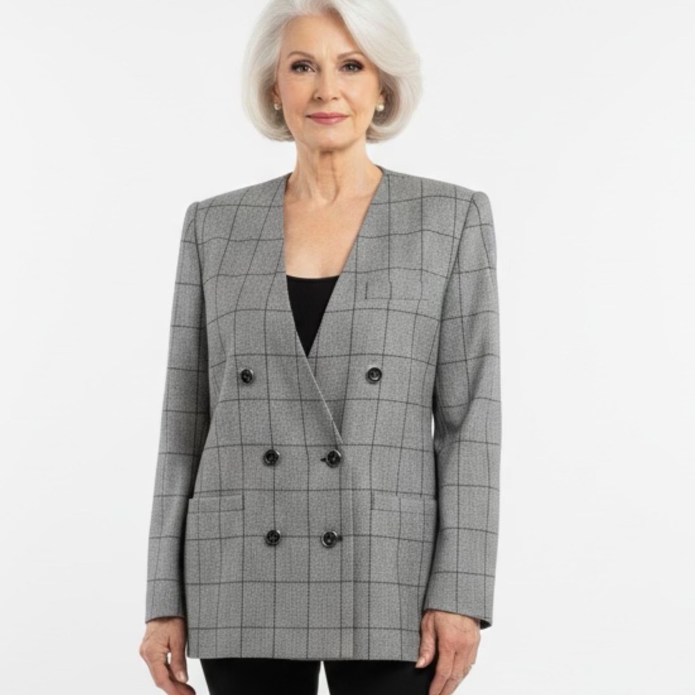 LORD & TAYLOR grey w/black windowpane plaid double breasted blazer Size 10Petite